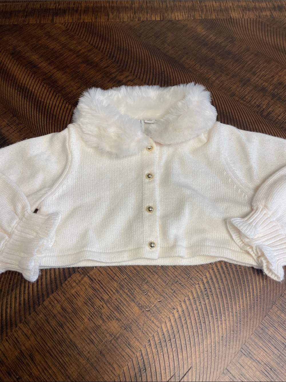 Janie and Jack Cream Faux-Fur Collar Cropped Knit Cardigan